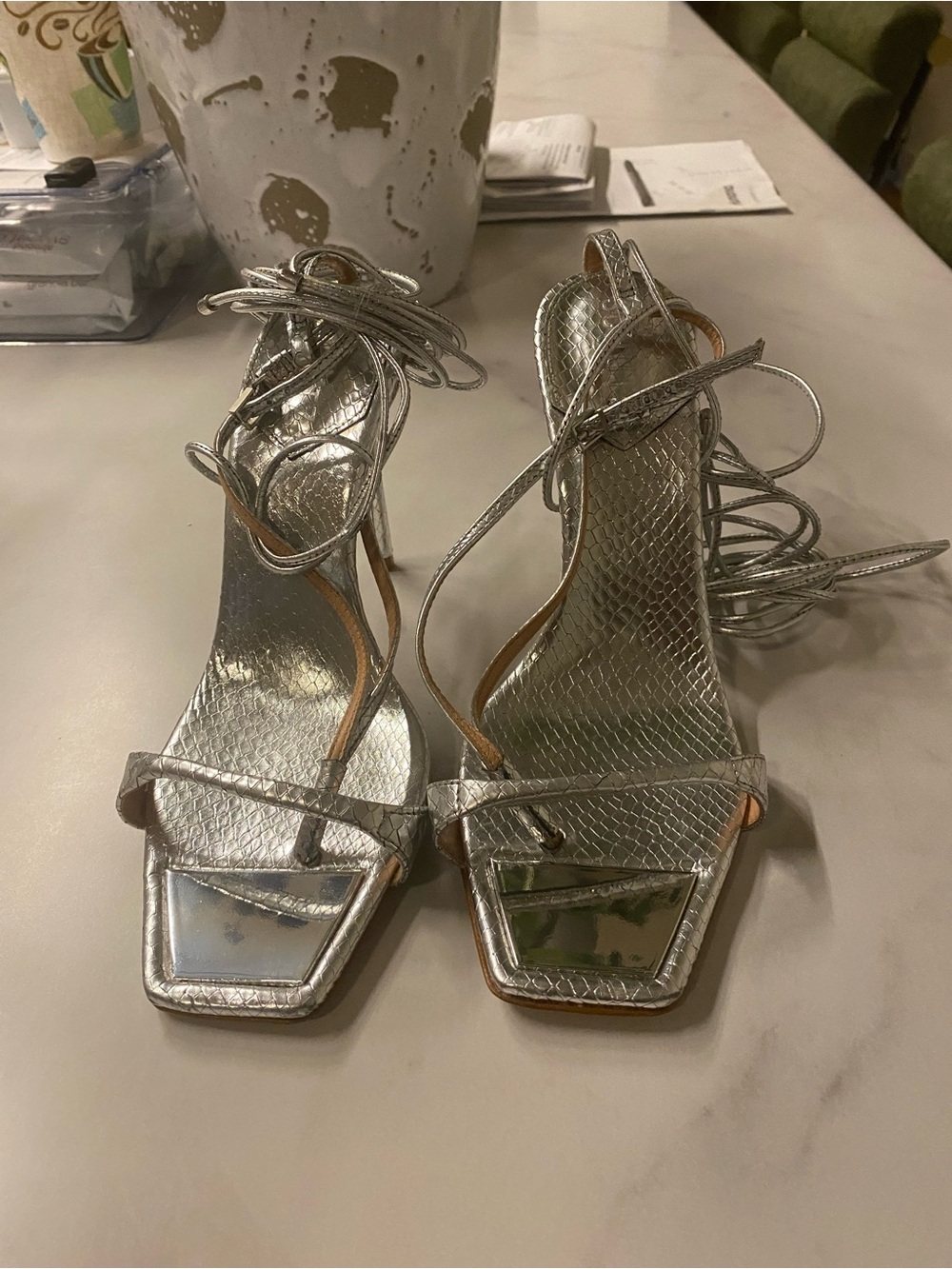 SCHUTZ Metallic Silver Lace-Up Square-Toe Heeled Sandals